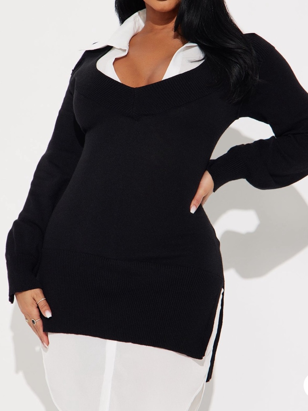 Black white V-Neck Tunic shirt Sweater - dress medium